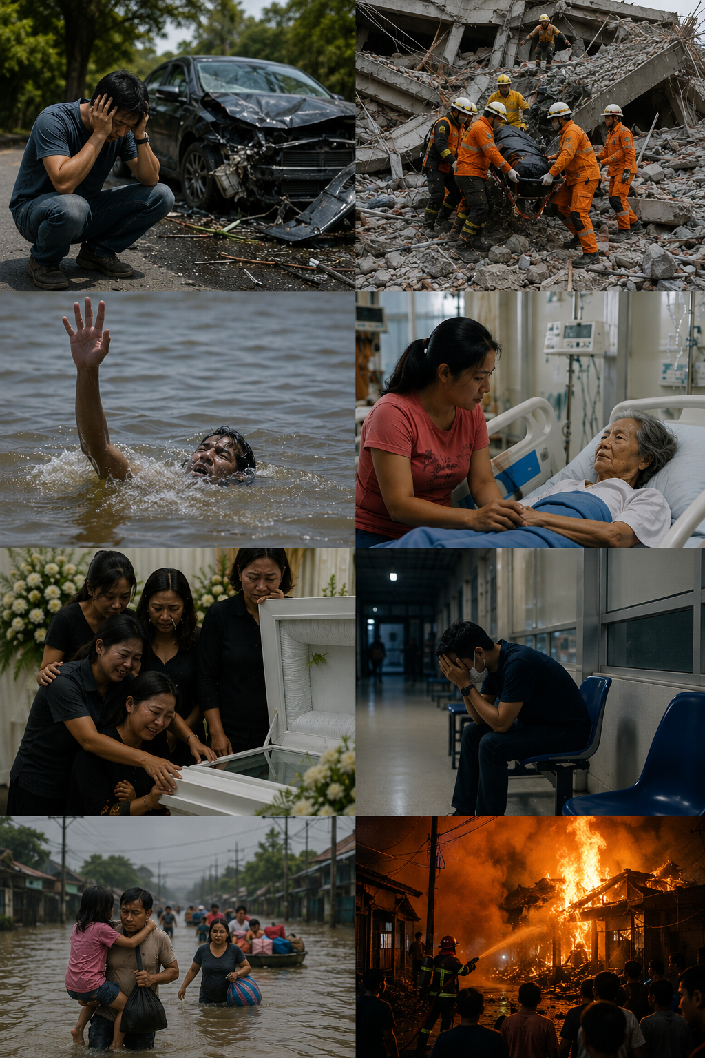 Collage of real-life unexpected moments — accidents, disasters, hospitalization, flooding, fire, and loss — that UnityLife helps Filipino families prepare for