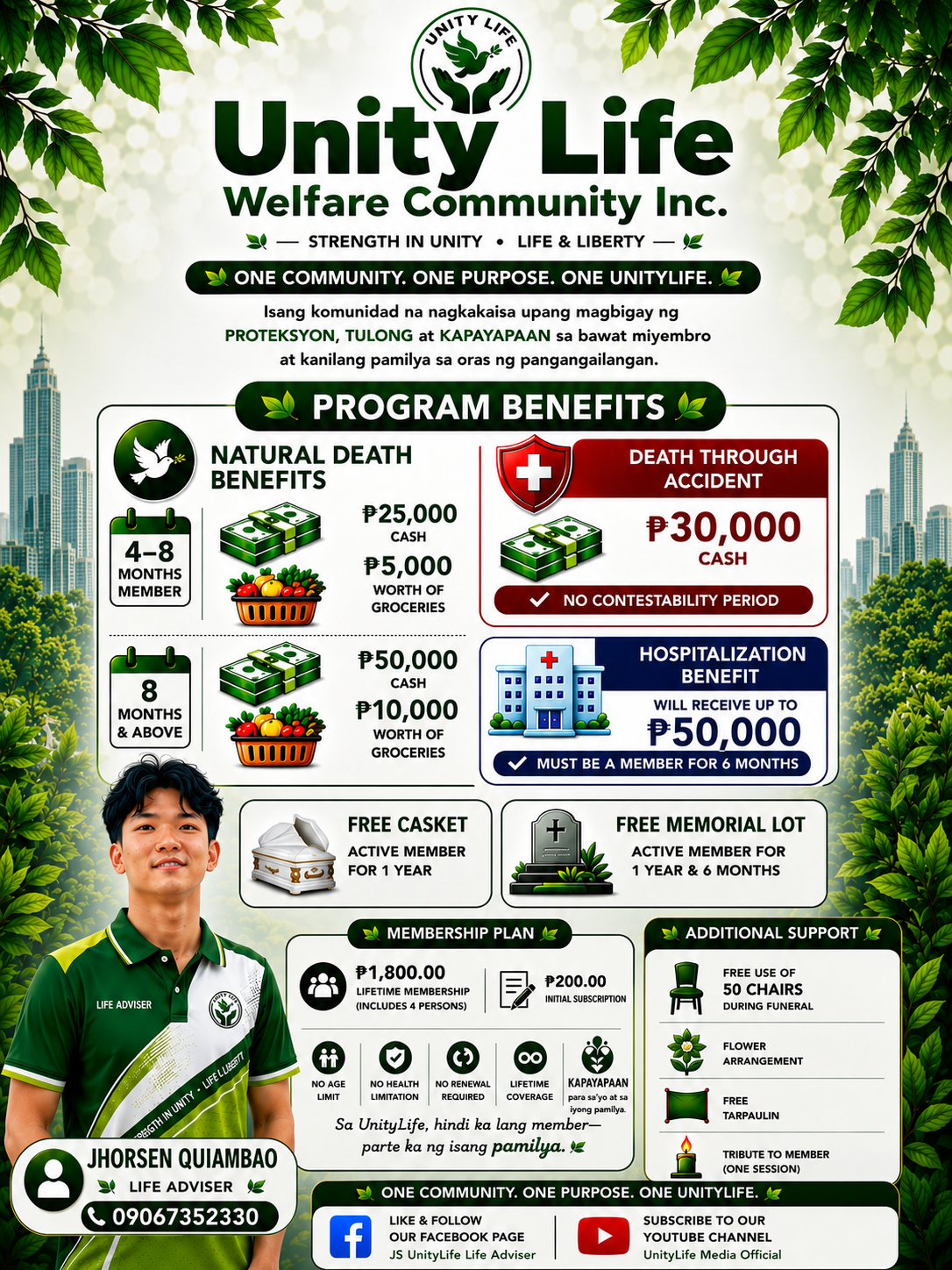 UnityLife Welfare Community Inc. program benefits — mortuary care ₱35,000/₱70,000 cash plus groceries, ₱40,000 death through accident, up to ₱50,000 hospitalization support, free funeral services and memorial lot, ₱1,800 lifetime membership covering 4 persons, ₱200 initial subscription