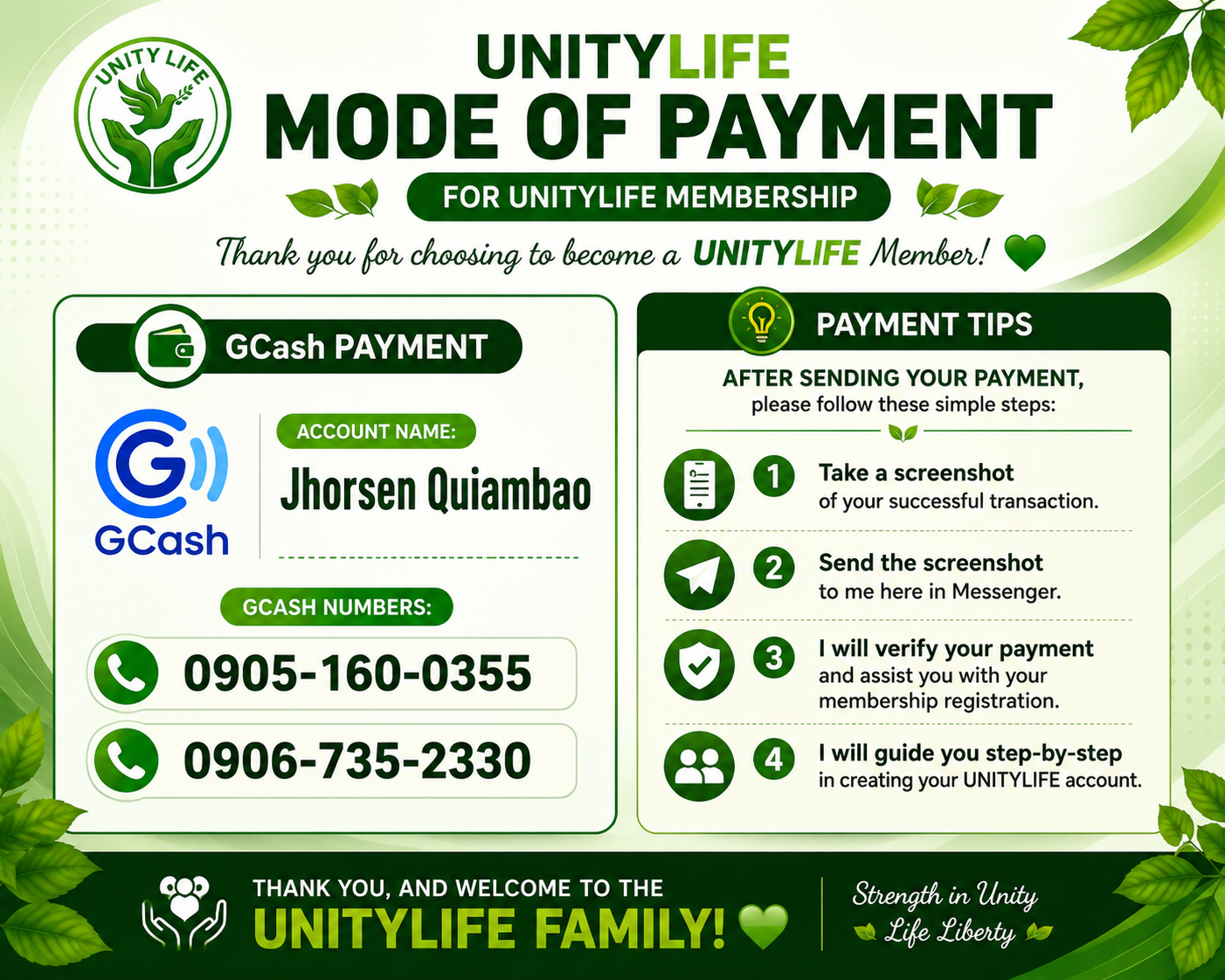 UnityLife mode of payment — GCash account details and payment tips